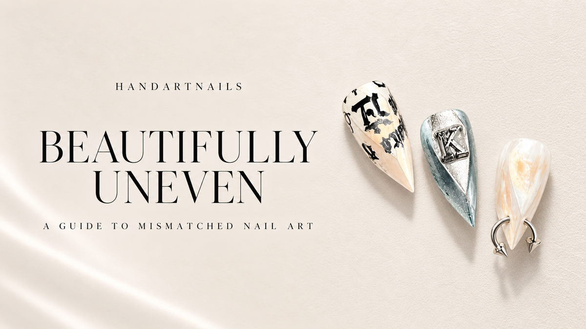 Beautifully Uneven: script and pierced nail designs on a warm ivory editorial cover.