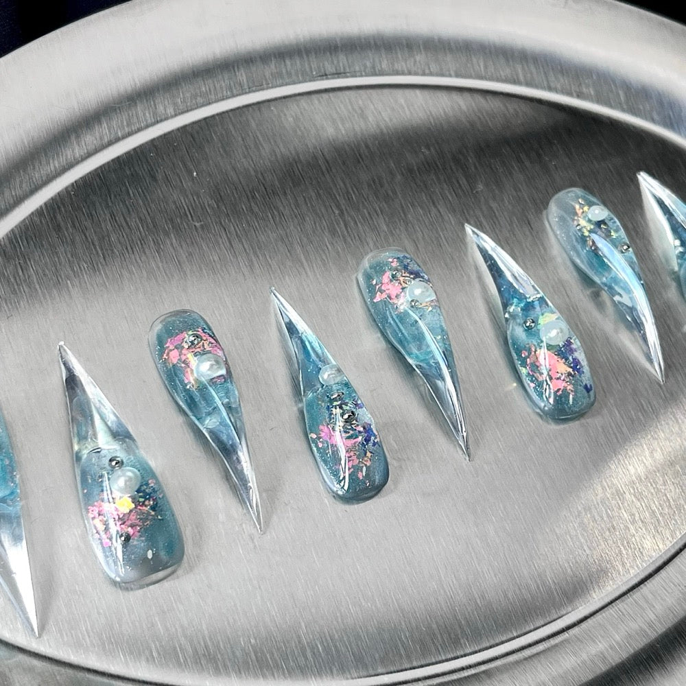 Crystal Garden - Blue Floral Glass Handmade Dragon Press-On Nails