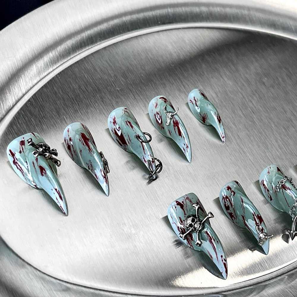 Glacial Cross - Icy Blue Gothic Handmade Cat Claw Press-On Nails