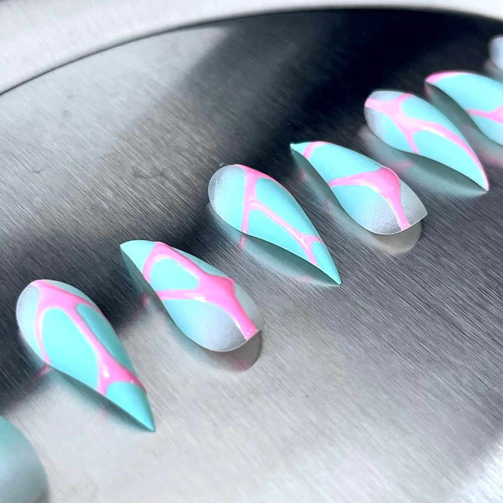 Neon Ribbon - Pink Aqua Swirl Handmade Dragon Press-On Nails