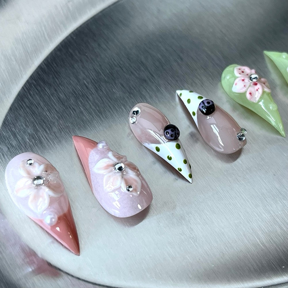 Matcha Picnic - Green Pink 3D Handmade Dragon Press-On Nails