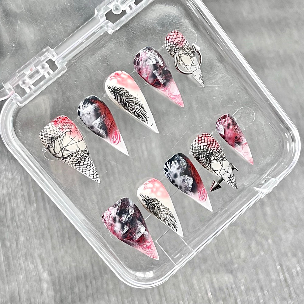 "Crimson Feather Veil" - Dark Gothic Pierced Press-On Nails