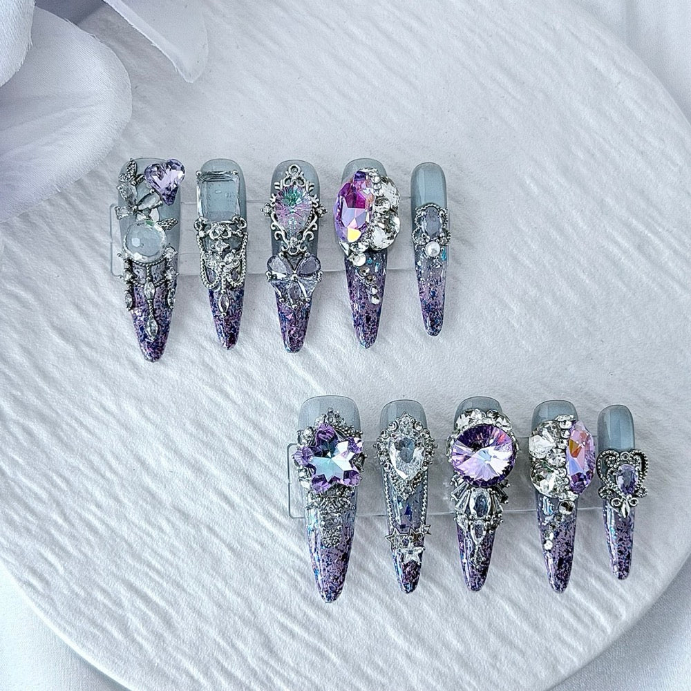 handartnails: "Amethyst Moonlight" – Purple Crystal Cat Eye Handmade Stiletto Nails
