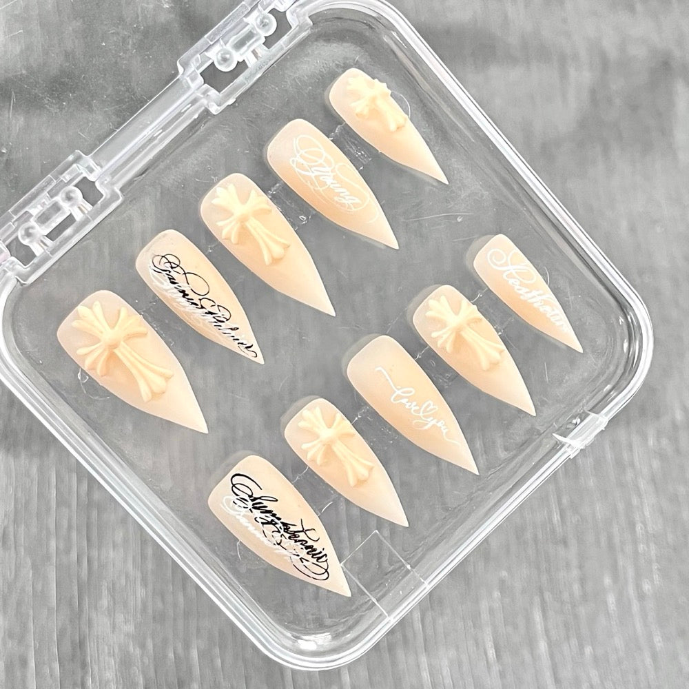 "Matte Nude Gothic Cross" - 3D Embossed Calligraphy Nails