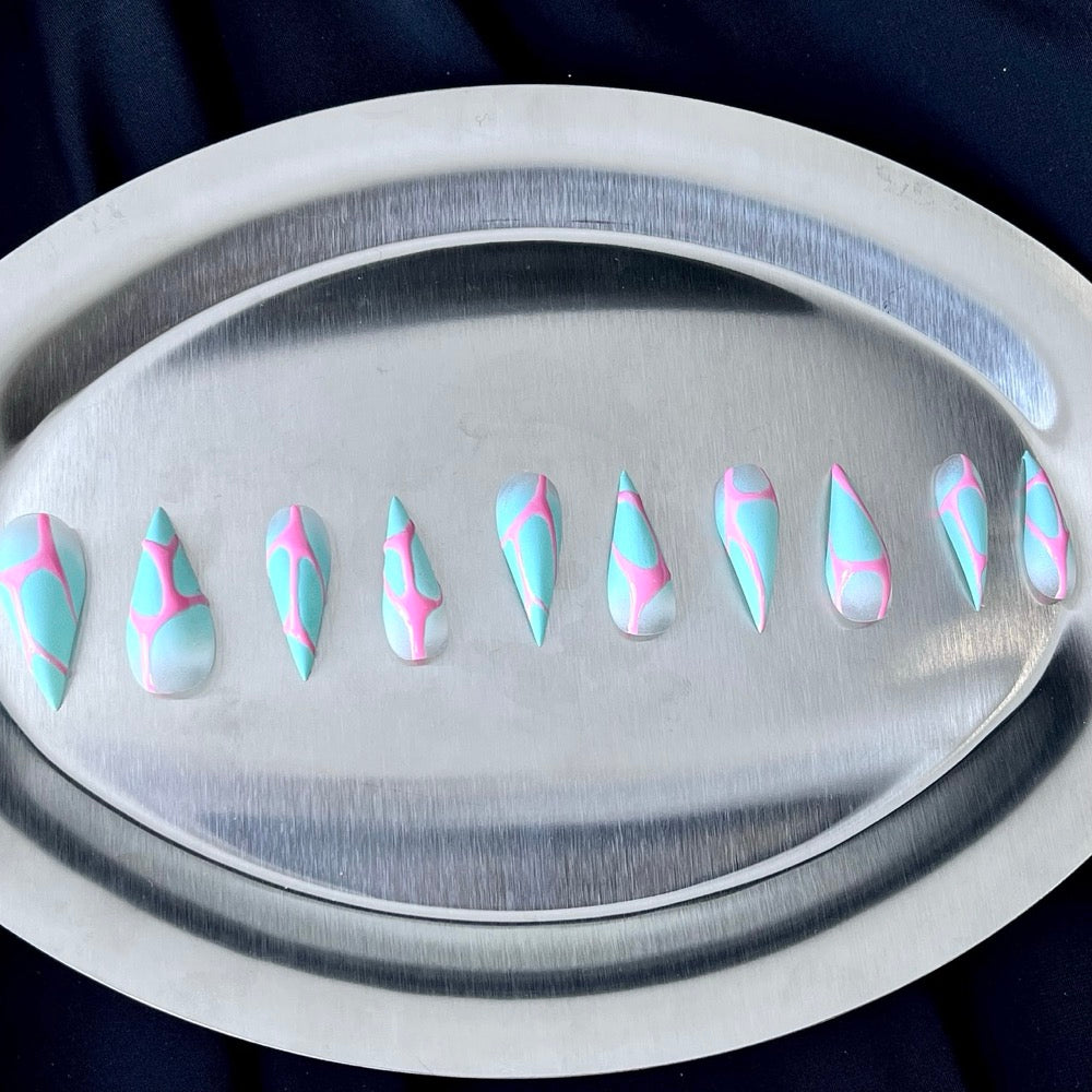 Neon Ribbon - Pink Aqua Swirl Handmade Dragon Press-On Nails