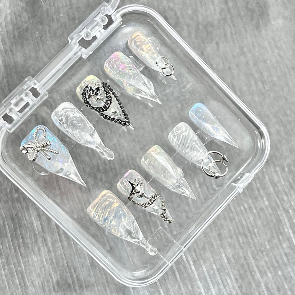 "Iridescent Cyber Bow" - 3D Pierced Fairy Grunge Press-On Nails