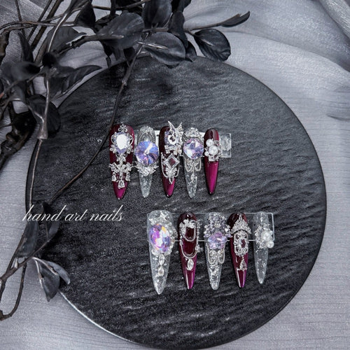 "Amethyst Royal Core" - 3D Jeweled Plum Mismatched Press-On Nails