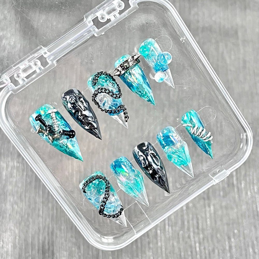 "Cyber Teal Ice" - 3D Heavy Metal Cyberpunk Nails