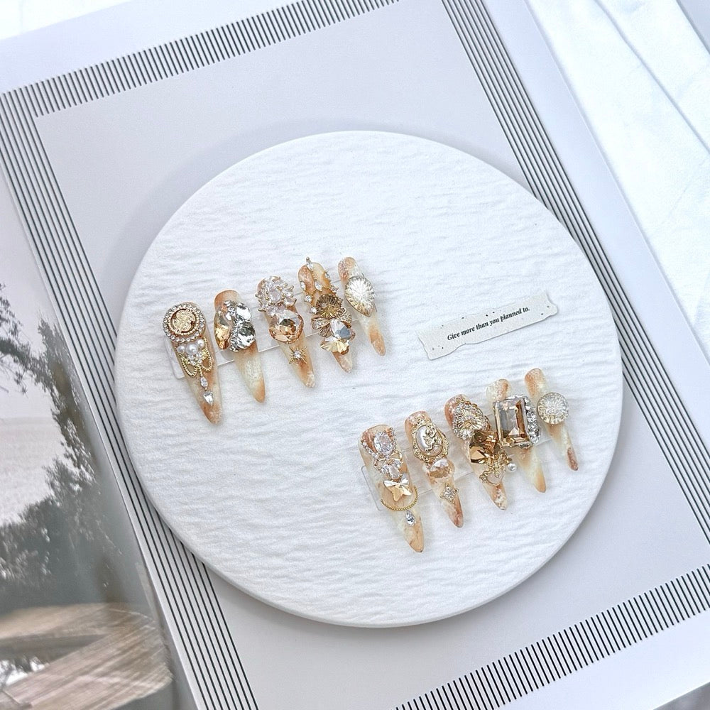 handartnails: "Golden Hour Relic" – Champagne Crystal Baroque Handmade Stiletto Nails