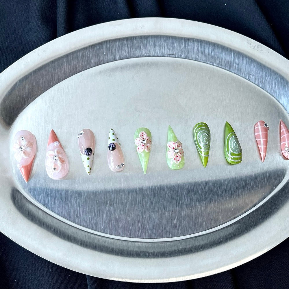 Matcha Picnic - Green Pink 3D Handmade Dragon Press-On Nails