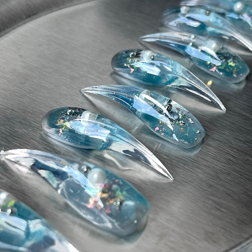 Crystal Garden - Blue Floral Glass Handmade Dragon Press-On Nails