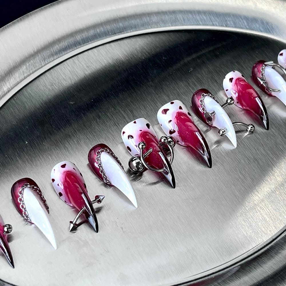 Cherry Cross - Pink White Gothic Handmade Cat Claw Press-On Nails