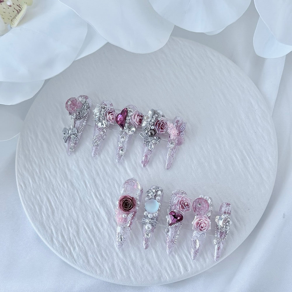 handartnails: "Rose Crystal Reverie" – 3D Rose Gemstone Glitter Handmade Stiletto Nails