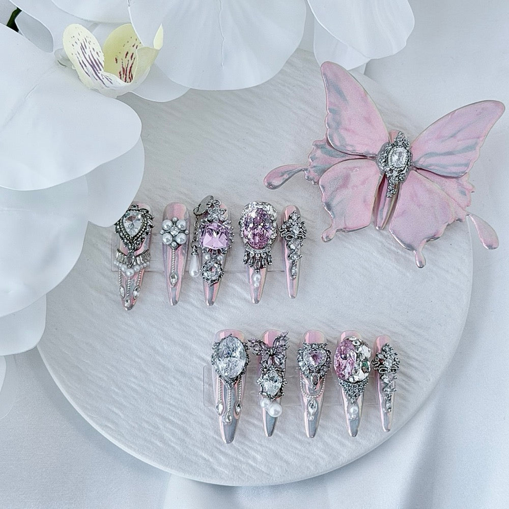handartnails: "Pink Butterfly Muse" – 11pcs Crystal Pearl 3D Butterfly Handmade Stiletto Nails