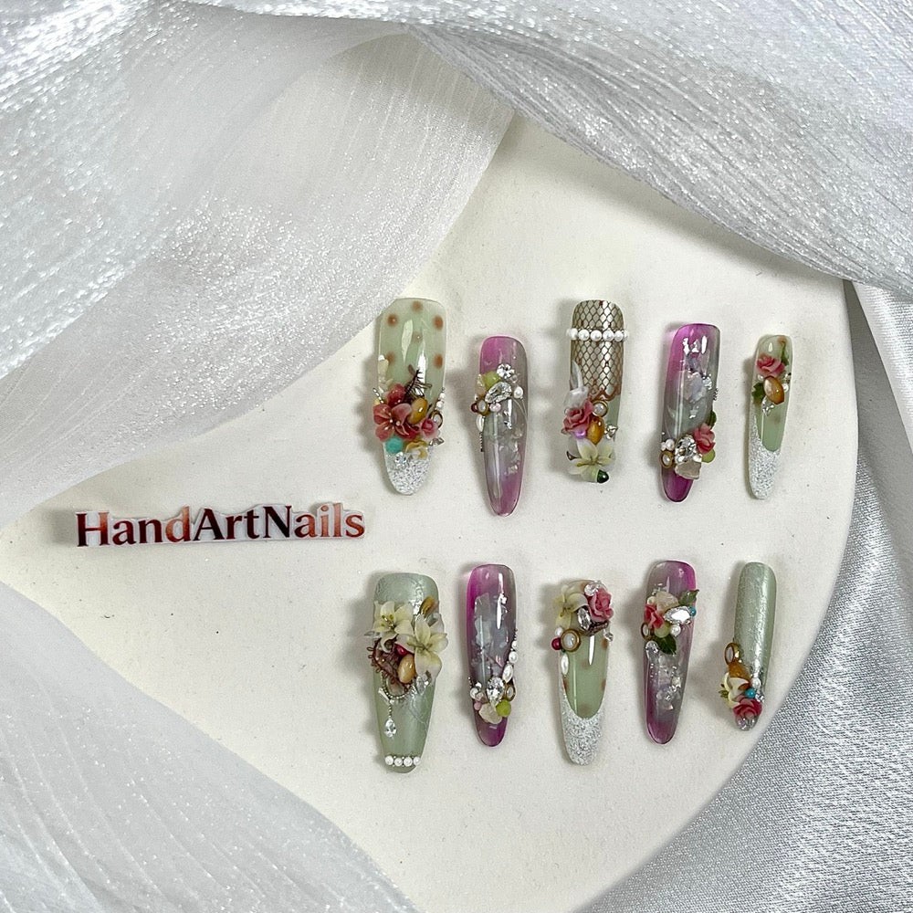 Verdant Opulence - Baroque Floral Jewel Press-On Nails