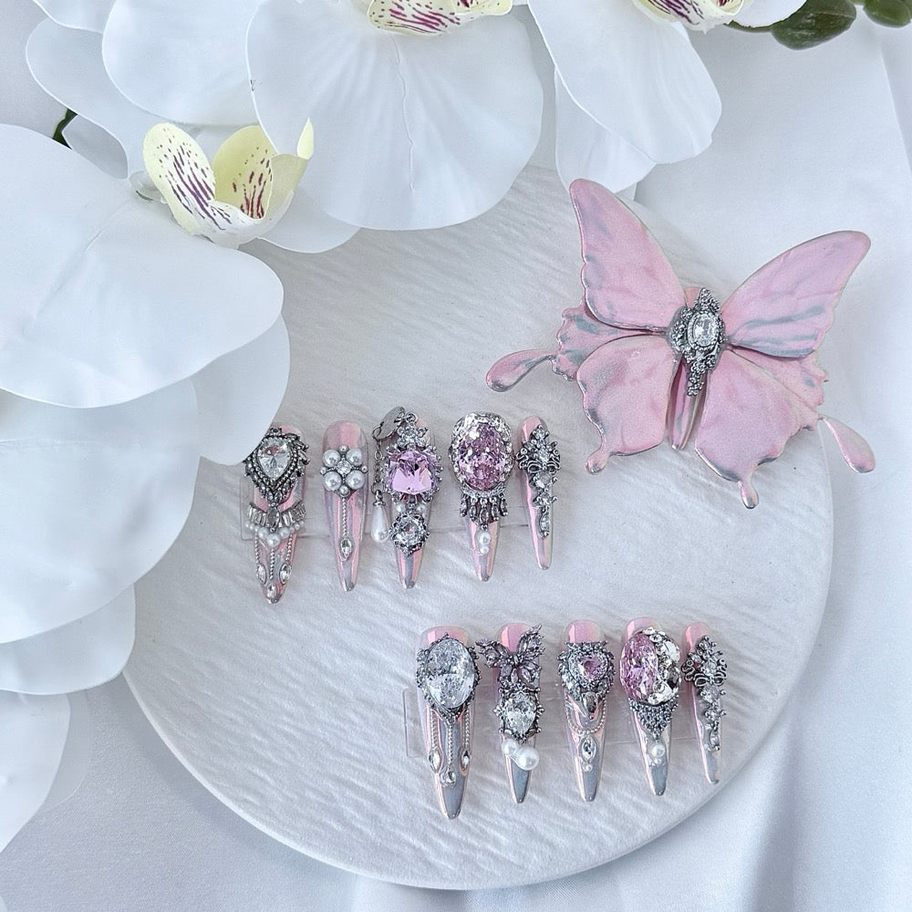 handartnails: "Pink Butterfly Muse" – 11pcs Crystal Pearl 3D Butterfly Handmade Stiletto Nails