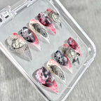 "Crimson Feather Veil" - Dark Gothic Pierced Press-On Nails