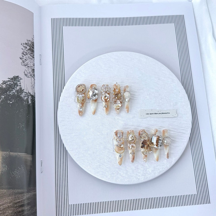 handartnails: "Golden Hour Relic" – Champagne Crystal Baroque Handmade Stiletto Nails