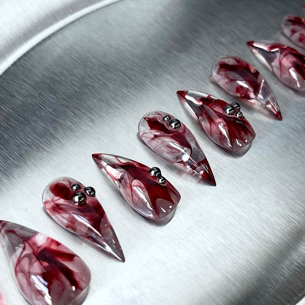 Crimson Ink - Red Marble Short Handmade Dragon Press-On Nails