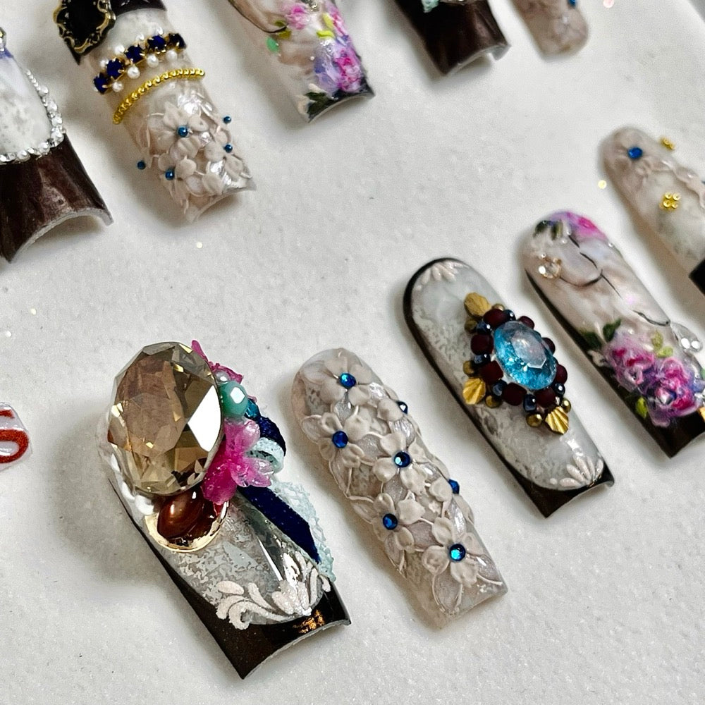 Sapphire Reverie - Baroque Lace Jewel Press-On Nails