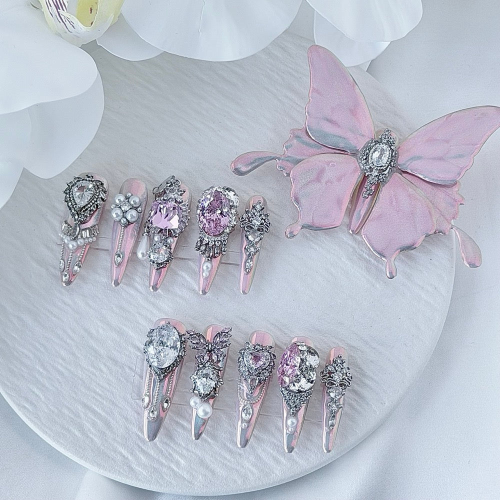 handartnails: "Pink Butterfly Muse" – 11pcs Crystal Pearl 3D Butterfly Handmade Stiletto Nails