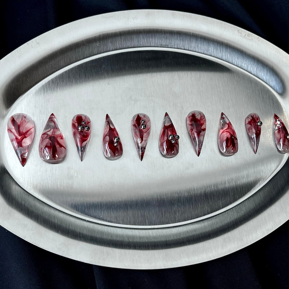 Crimson Ink - Red Marble Short Handmade Dragon Press-On Nails