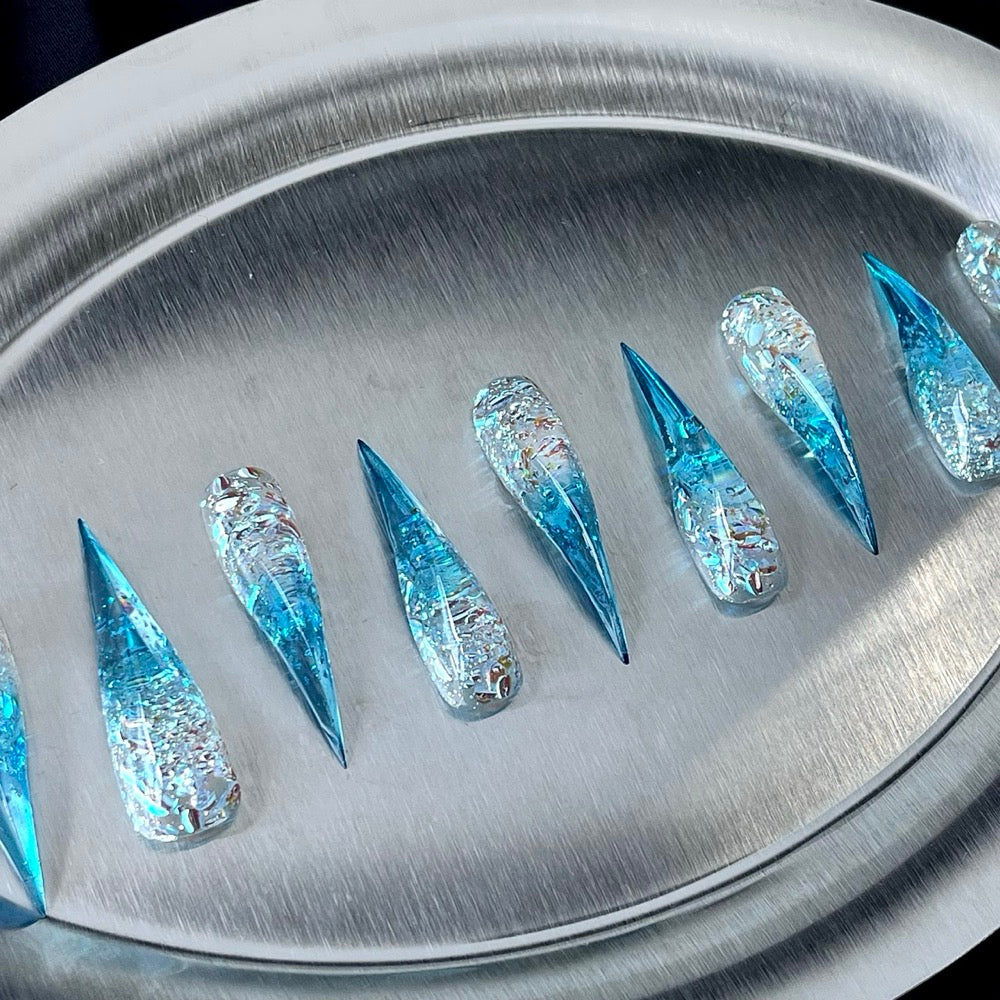 Arctic Shards - Blue Silver Foil Handmade Dragon Press-On Nails