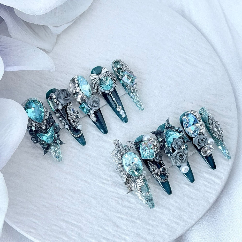 handartnails: "Emerald Siren" – Aqua Crystal Rose 3D Handmade Stiletto Nails