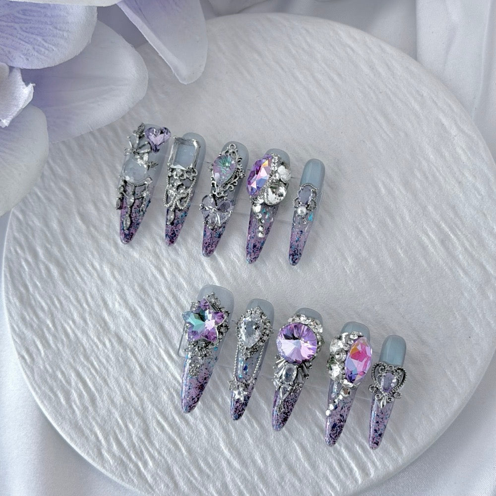 handartnails: "Amethyst Moonlight" – Purple Crystal Cat Eye Handmade Stiletto Nails