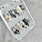 "Monochrome Street Script" - Mismatched Pierced Y2K Nails