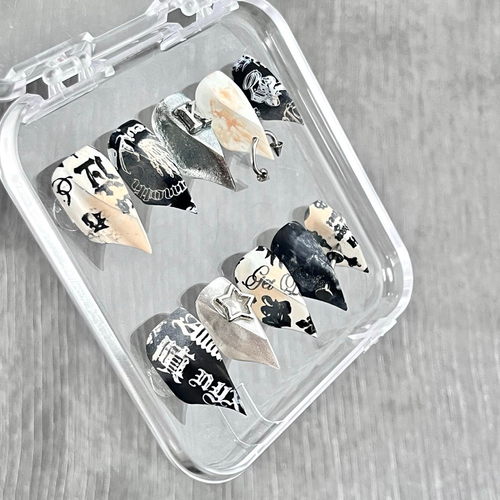"Monochrome Street Script" - Mismatched Pierced Y2K Nails
