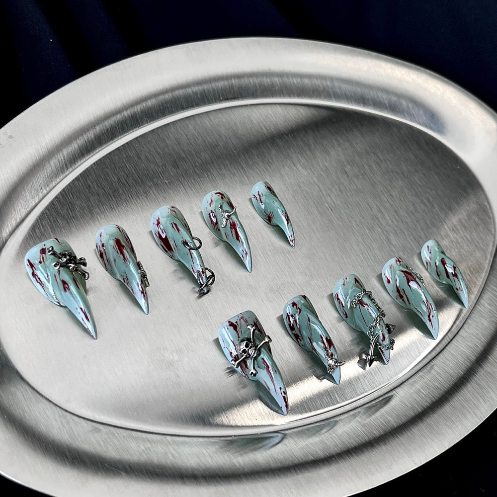 Glacial Cross - Icy Blue Gothic Handmade Cat Claw Press-On Nails