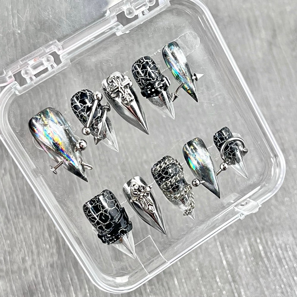 "Chrome Crackle Armor" - Holographic Cyber Gothic Nails