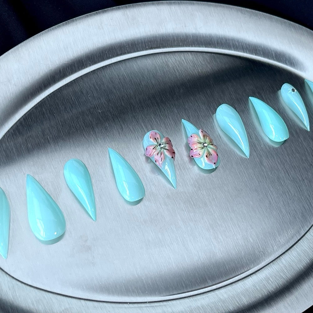 Aqua Blossom - Aqua 3D Floral Handmade Dragon Press-On Nails