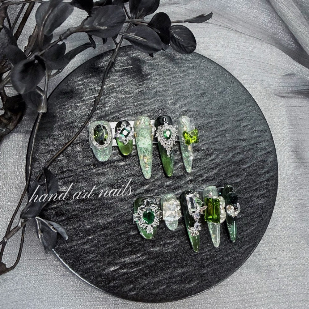 "Emerald Dark Fairy" - 3D Jeweled Gothic Mismatched Press-On Nails