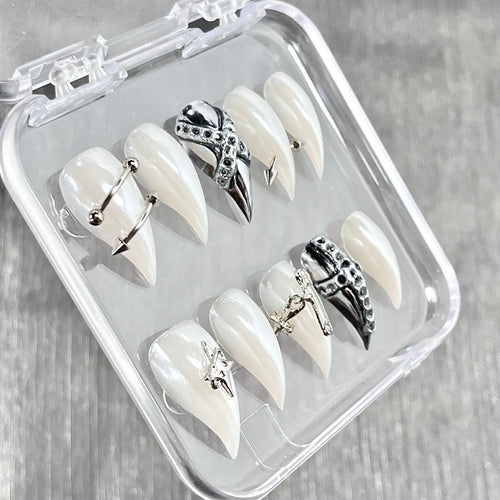 "Angelic Chrome Armor" - 3D White Cyber Y2K Press-On Nails