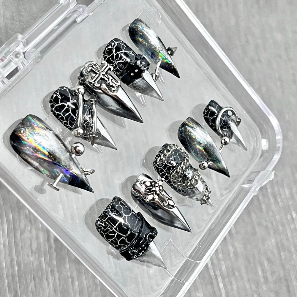 "Chrome Crackle Armor" - Holographic Cyber Gothic Nails