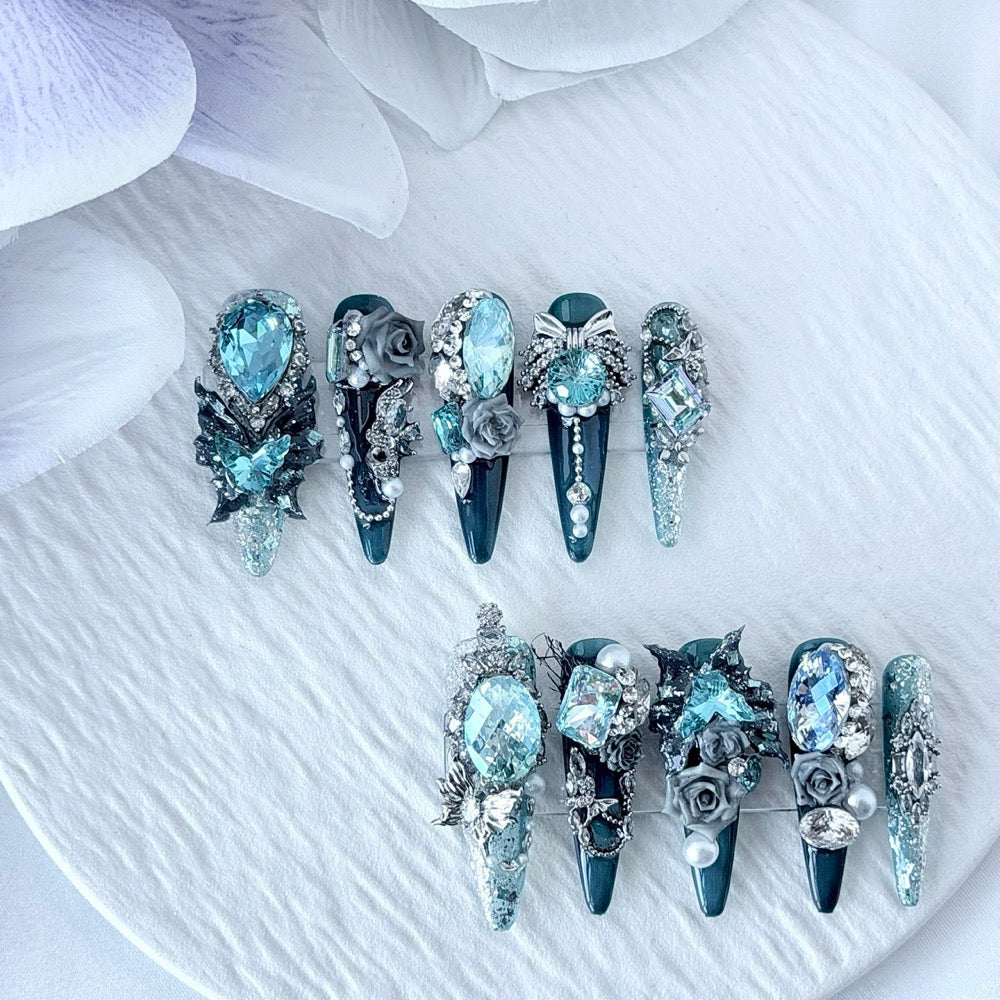 handartnails: "Emerald Siren" – Aqua Crystal Rose 3D Handmade Stiletto Nails