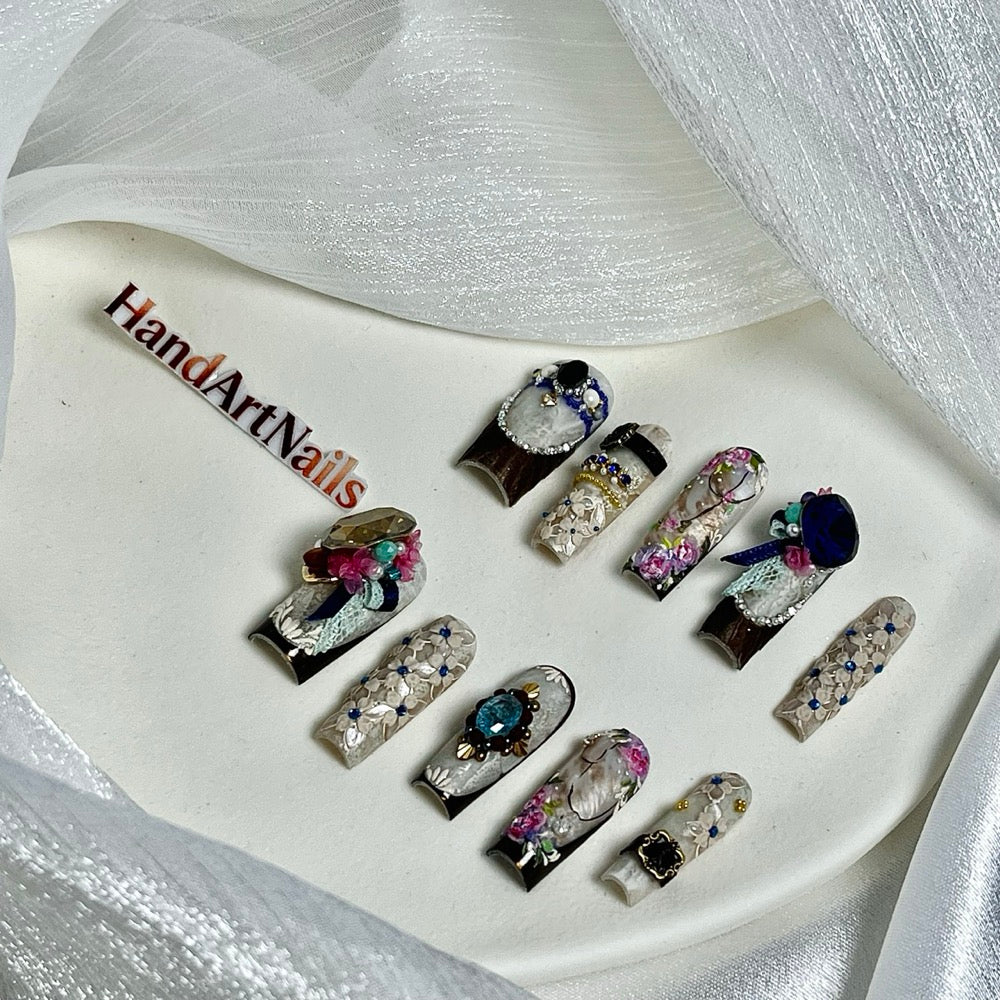 Sapphire Reverie - Baroque Lace Jewel Press-On Nails