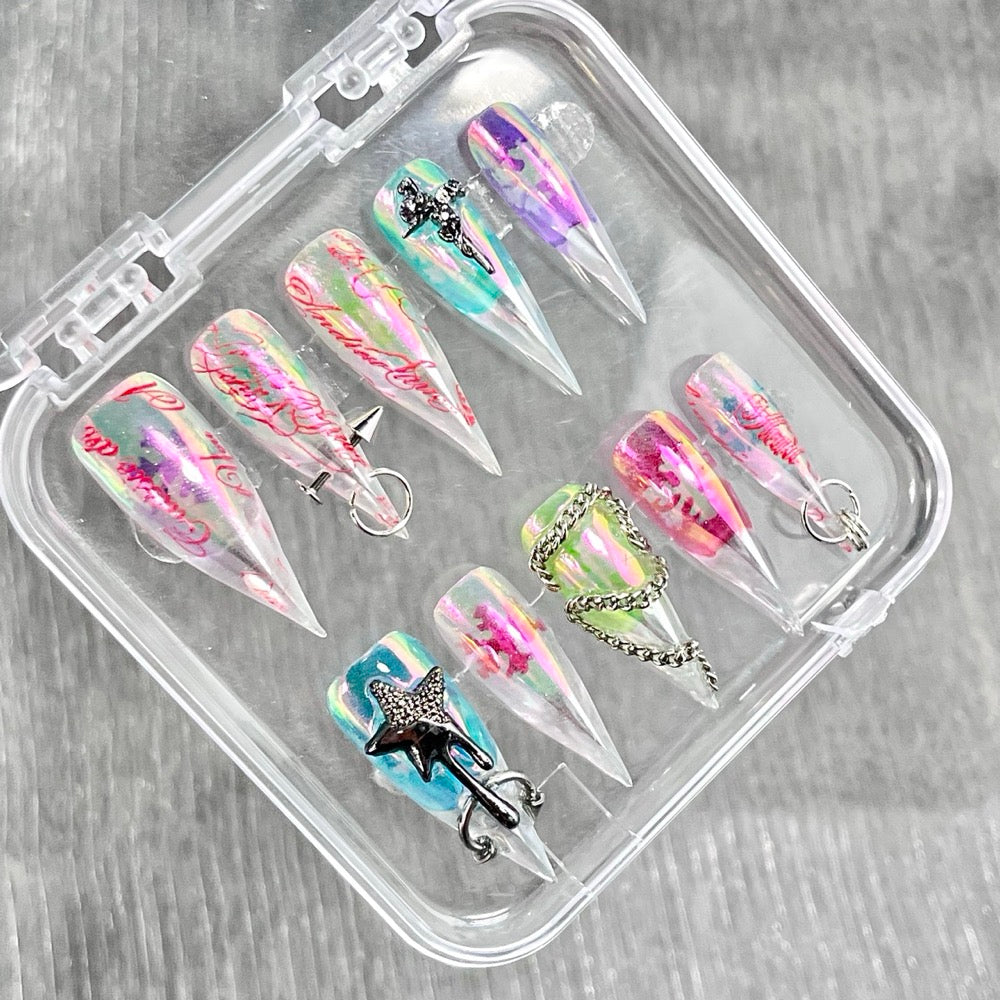 "Neon Aurora Cyberpunk" - Holographic Pierced Y2K Nails