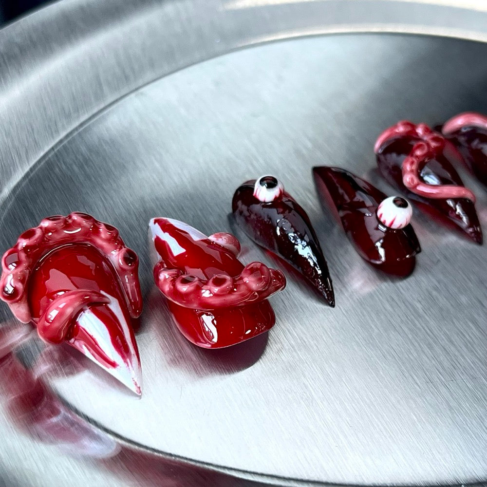 Crimson Familiar - Red Gothic 3D Handmade Dragon Press-On Nails