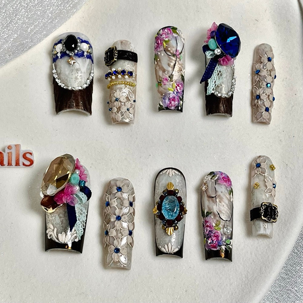 Sapphire Reverie - Baroque Lace Jewel Press-On Nails