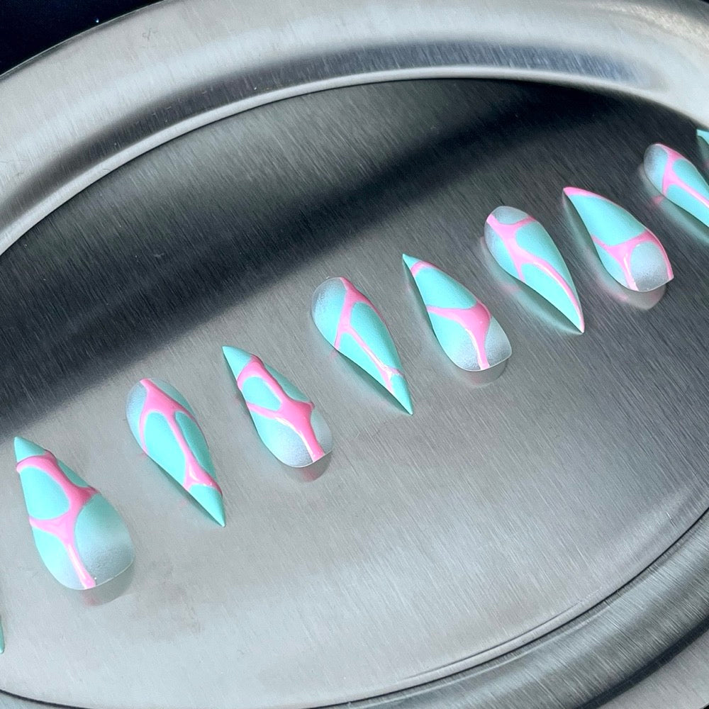 Neon Ribbon - Pink Aqua Swirl Handmade Dragon Press-On Nails