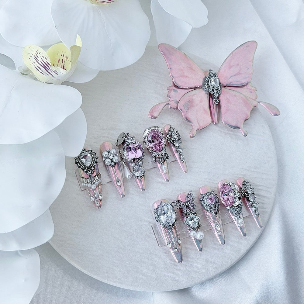 handartnails: "Pink Butterfly Muse" – 11pcs Crystal Pearl 3D Butterfly Handmade Stiletto Nails