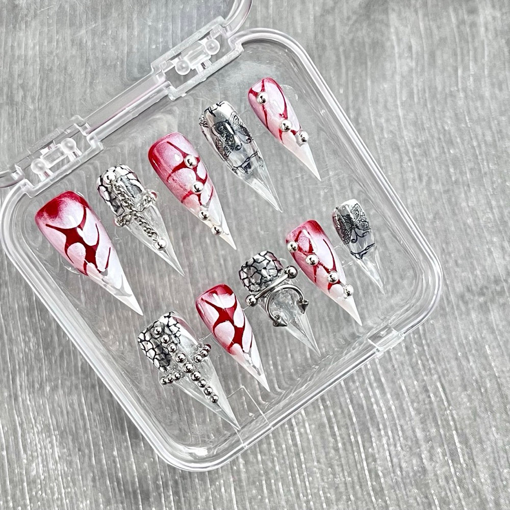 "Bloody Serpent Cross" - 3D Pierced Gothic Press-On Nails
