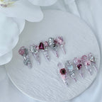 handartnails: "Rose Crystal Reverie" – 3D Rose Gemstone Glitter Handmade Stiletto Nails