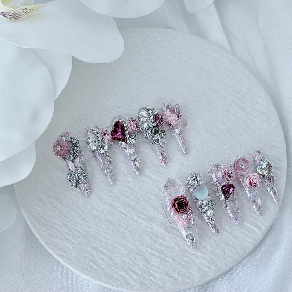 handartnails: "Rose Crystal Reverie" – 3D Rose Gemstone Glitter Handmade Stiletto Nails