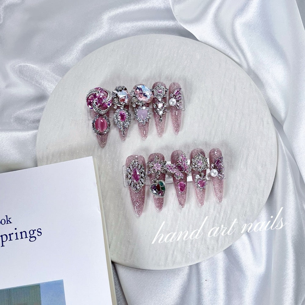 Rose Pink Crystal Armor Handmade Press On Nails