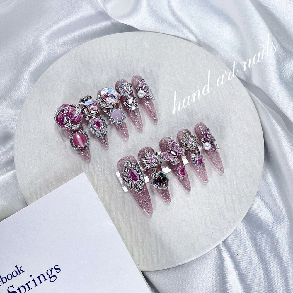 Rose Pink Crystal Armor Handmade Press On Nails