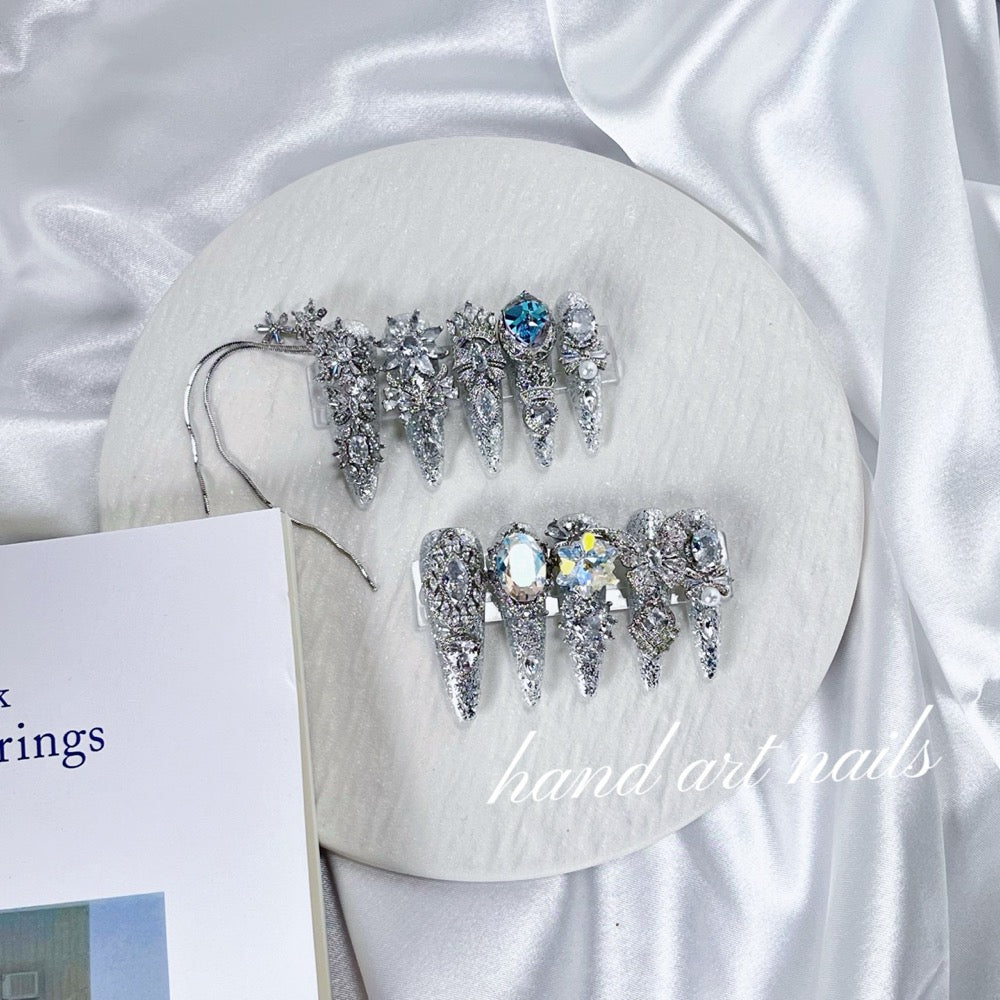 Silver Ice Blue Rhinestone Handmade Press On Nails
